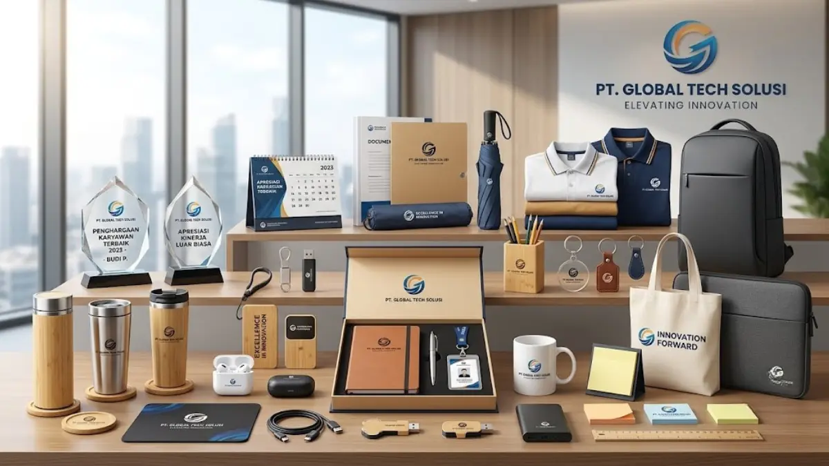 Set souvenir kantor premium di atas meja kerja