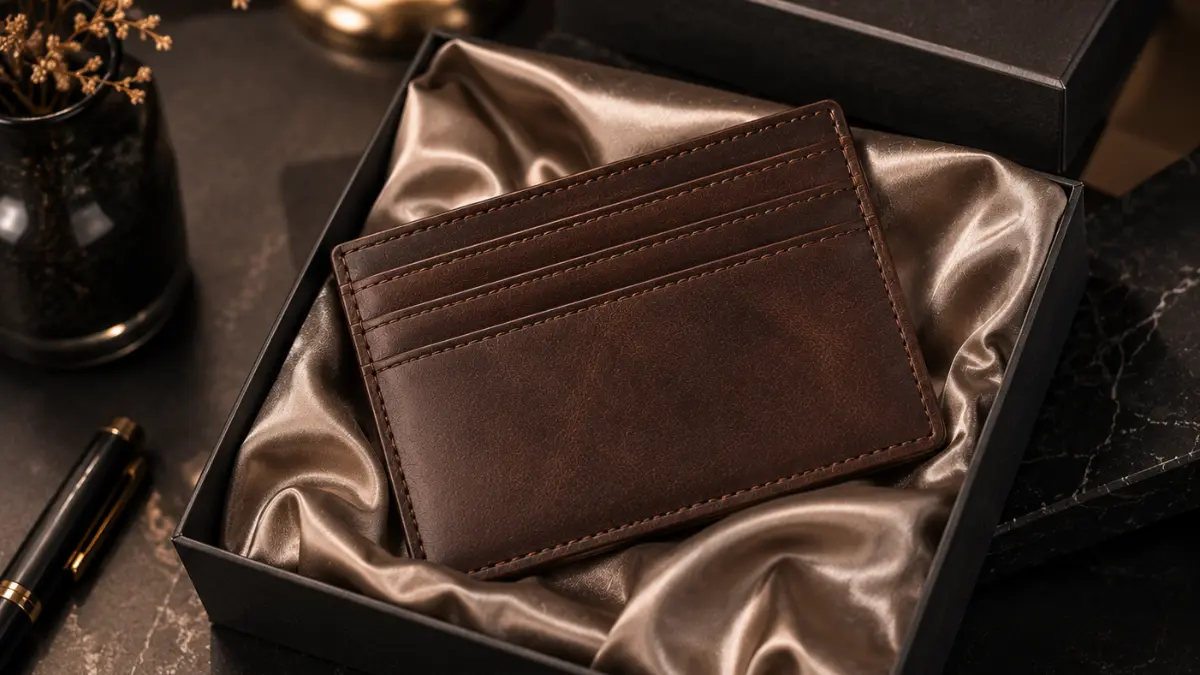 Dompet kartu berbahan kulit asli untuk souvenir korporat