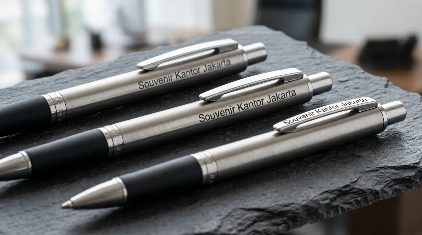 Pulpen souvenir kantor custom logo elegan untuk promosi bisnis di Jakarta