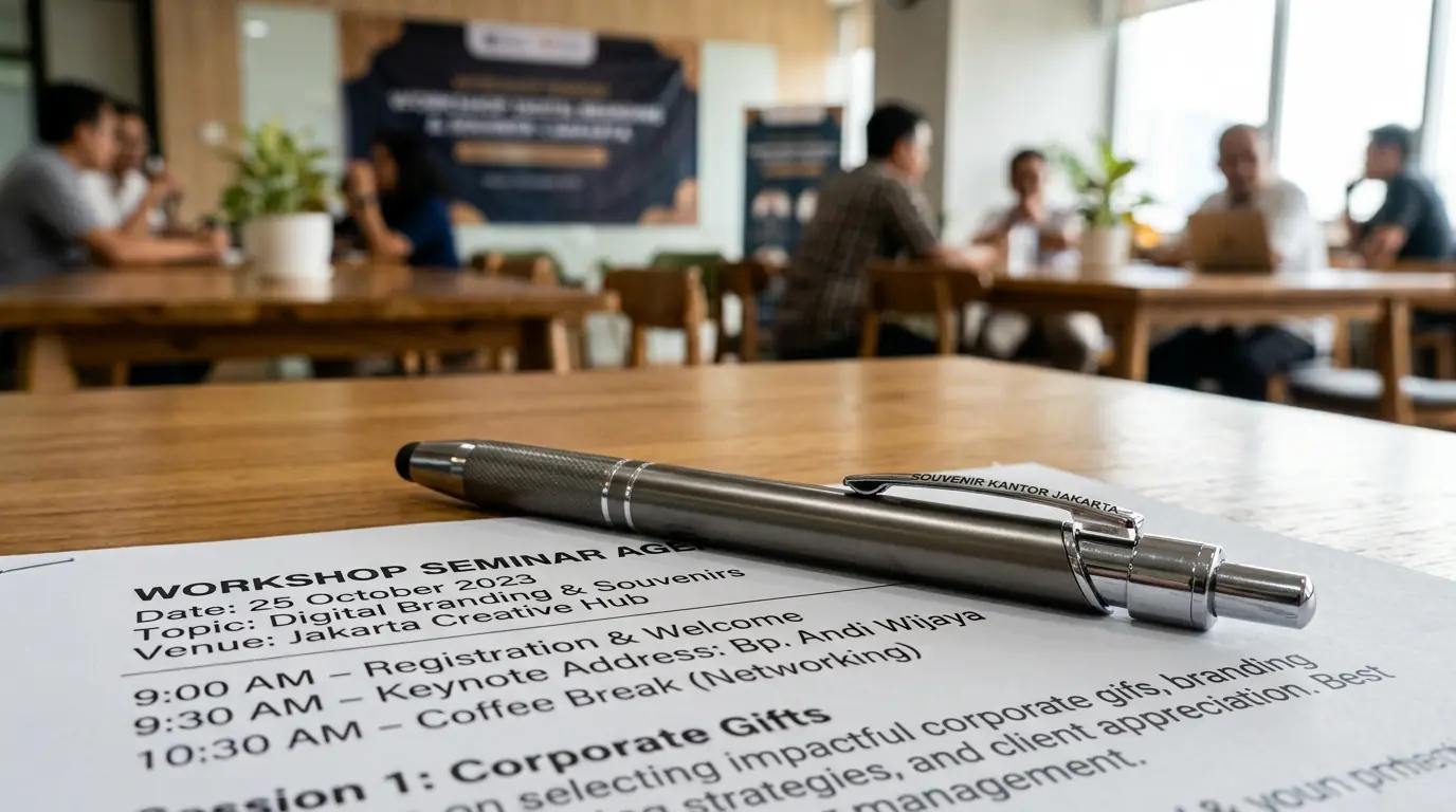Souvenir pulpen seminar kit custom logo murah untuk event di Jakarta